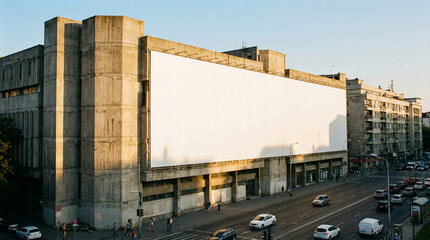Obraz premium Large outdoor advertising billboard on a concrete building facade in an urban setting with traffic