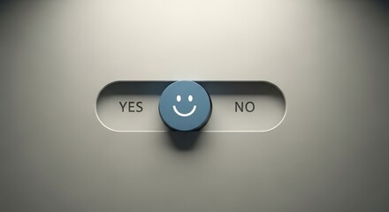Fototapeta premium A blue slider knob with a smiley face icon is positioned on a gray surface between the options 'yes' and 'no'.