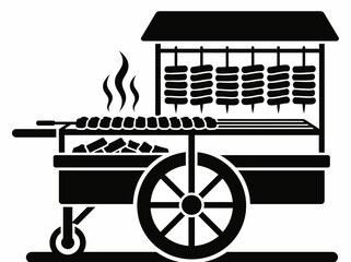 Street Food Vendor Cart with Barbecue and Skewers on Wheels Illustration