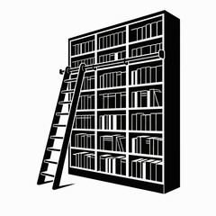 Black and white illustration of a tall bookshelf with ladder leaning against it, viewed from the front.