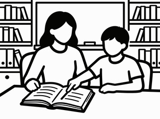 A mother and child reading together in a library with a large stack of cash tied together neatly.eps