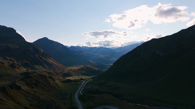 Scenic Aerial View of Julier Pass Road in Switzerland Alps Mountains Under Cloudy Sky Travel Destination and Transportation Concept Summer Landscape