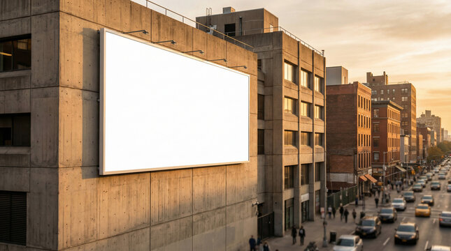 Large empty billboard mounted on a concrete building overlooking a busy city street at dusk, perfect for advertising campaigns and brand promotion in a vibrant urban setting