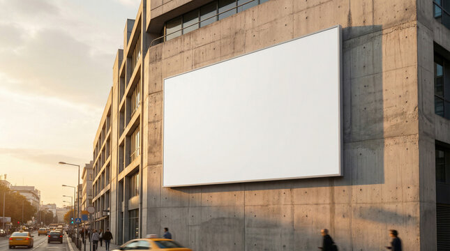 Massive blank outdoor advertising billboard on a modern building facade, ideal for showcasing creative campaigns in a bustling urban city setting at sunset