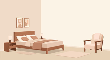 Minimalist bedroom with bed, armchair, and artwork