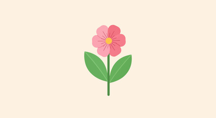 Minimalist cartoon flower with pink petals and green leaves on a pale background