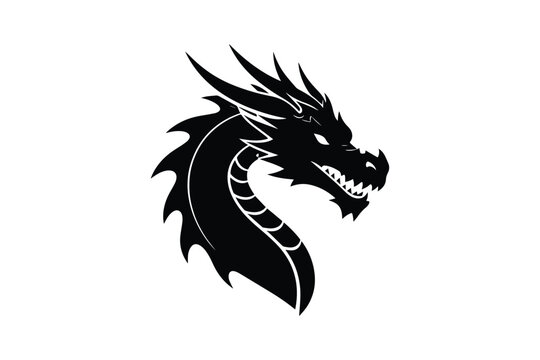 Black dragon head profile silhouette icon on white background with sharp horns and scales for fantasy designs