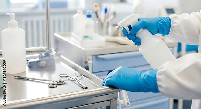 Health care professional sprays disinfectant on medical tools and surfaces, ensuring vital hygiene, sterilization, and infection control in a clinic