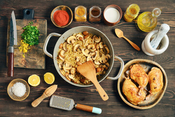 Chopped mushrooms and onion frying in a pan