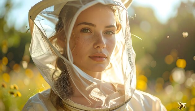 Apicultora con traje y velo protector observando colmenar en entorno natural