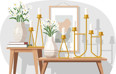 Minimalist decor with floral arrangements, candles, and framed abstract art