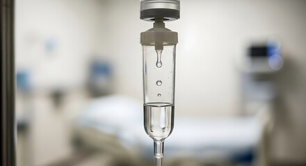 Close up of an intravenous drip in a hospital, illustrating modern health care and medical treatment in a clinical setting