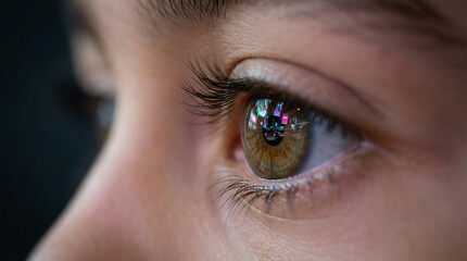 Extreme close-up of a human eye showing detailed eyelashes and iris with colorful city lights reflected in the pupil.