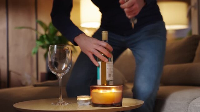 Man putting empty wine glass on table sitting on sofa and opening bottle of white wine with corkscrew near lit candles. Concept of home relaxation and evening leisure