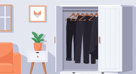Minimalist interior scene featuring a closet with dark attire, a potted plant, and a chair