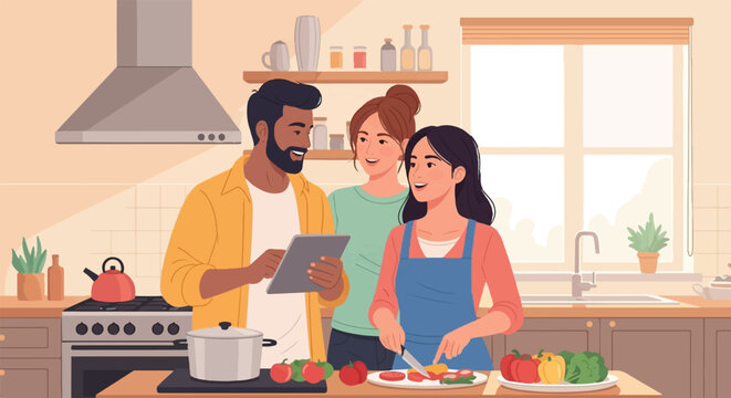 Friends gather in a bright kitchen, preparing food together using a tablet