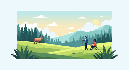 Obraz premium People and animal enjoy a scenic mountain landscape with trees