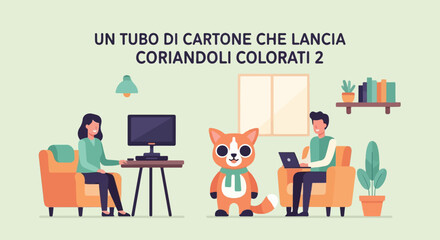 People and cartoon cat in a room with tech, plants, and books