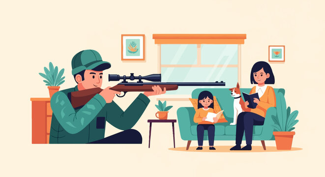 Man aims rifle indoors near family reading on sofa, dog sits nearby