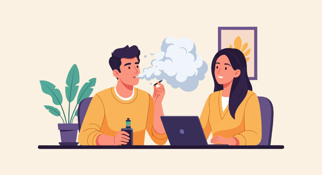 Man vaping while woman works on laptop at desk