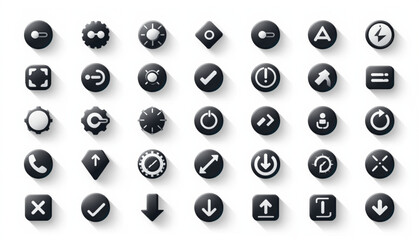 A comprehensive set of 35 minimalist UI icons featuring a sleek dark aesthetic with long soft shadows. The collection includes various navigation, settings, and utility symbols like arrows, 