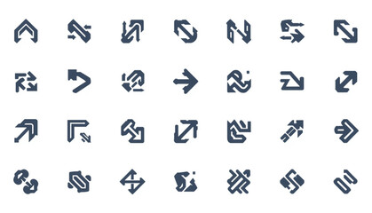 Fototapeta premium A versatile collection of 28 geometric arrow icons featuring a thick, modern line style in dark blue. The set covers a wide range of directional needs, including diagonal movements, double-ended paths