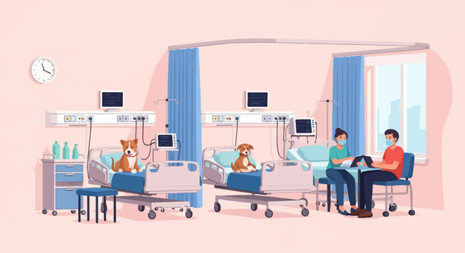 Hospital room with two dogs on beds and people masked, visiting