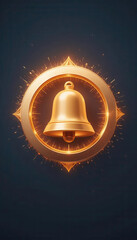 Marketing automation rentention concepts. Glowing golden notification bell icon symbolizing successful marketing automation retention with bright sparkle effect and shiny circle dark blue