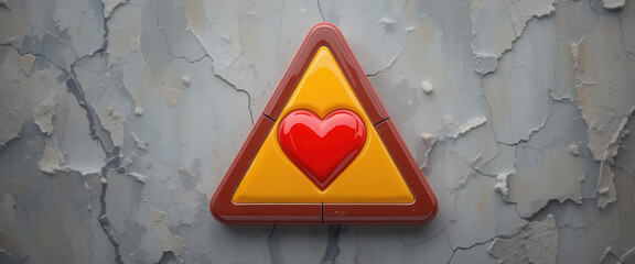 Marketing automation rentention concepts. Red heart symbol inside yellow warning triangle sign on grey wall representing marketing automation strategy for customer retention success concept