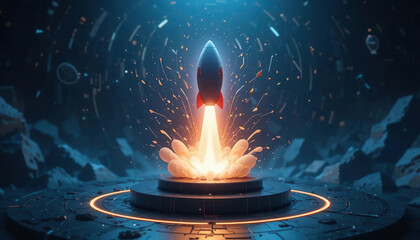 Marketing automation rentention concepts. Rocket launch symbolizing powerful marketing automation strategy boosting customer retention and digital growth concept background for business success