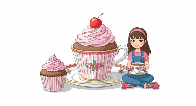 Girl enjoying a cup of tea with oversized cupcakes