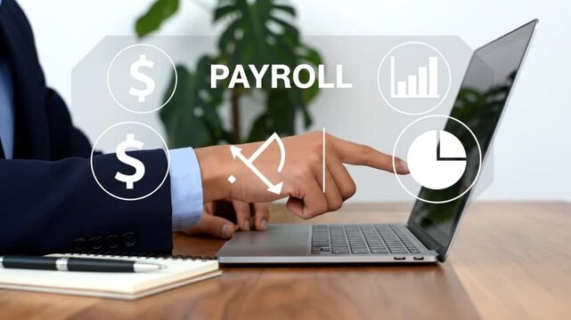 Businessman working on payroll processing with laptop in modern office