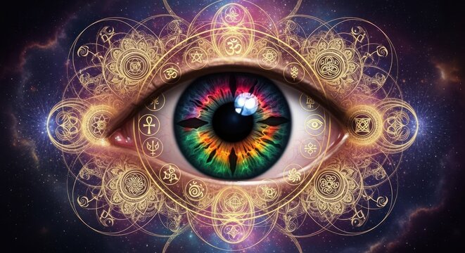 Mystical eye with abstract ornament and colorful pupil spiritual symbol