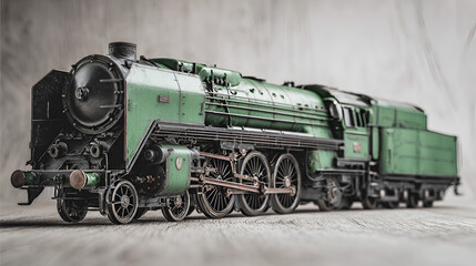 Obraz premium A vintage green steam locomotive model train on a gray surface