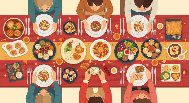 Overhead view of diverse people sharing a bountiful meal at a festive table