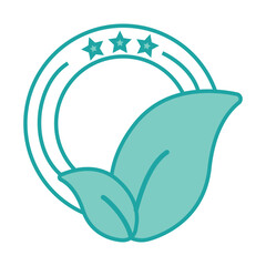 Naklejka premium Eco-friendly quality emblem with three stars and two teal leaves in a circular design, symbolizing natural and sustainable products.