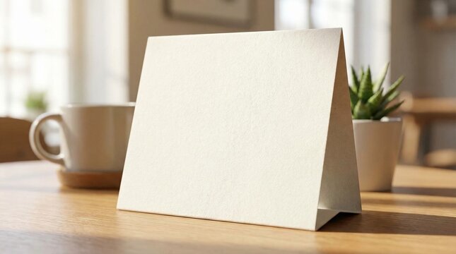 Blank white tent card mockup on wooden table with blurred modern coffee shop background for branding and design presentations