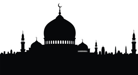 Fototapeta premium Islamic mosque silhouette with crescent moon on white background with copy space