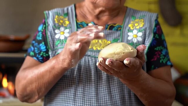 Woman shapes dough by fire.