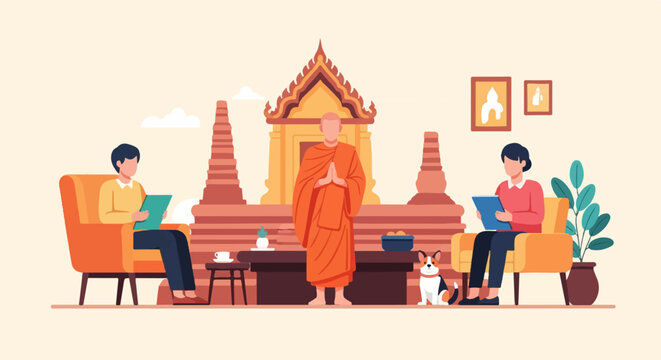 Monks and visitors in serene setting with Buddhist architecture and a dog
