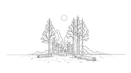 Obraz premium Minimalist forest scene with a small cabin and tall trees in a quiet landscape sketch.