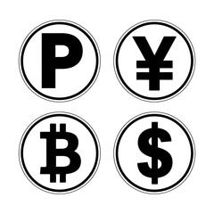 Obraz premium Four currency symbols in circles including dollar bitcoin and yen finance icons