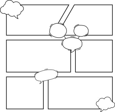 Black and white comic strip layout with various empty speech and thought bubbles for dialogue.