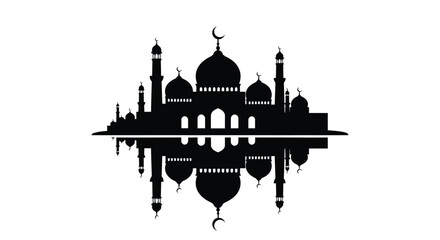 Mosque Silhouette with Domes and Minarets Reflecting on Water Serene Islamic Scene © Kamal
