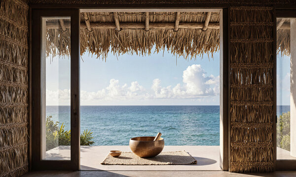 Tropical resort singing bowl ocean view inside a thatched hut with a serene atmosphere for wellness and meditation