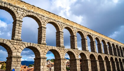 Fototapeta premium A sprawling, ancient Roman aqueduct under a cloudy sky, featuring multiple arches. Below, a town with red-tiled roofs