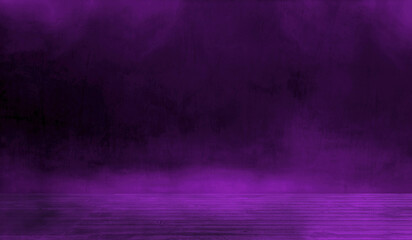 Naklejka premium Dark Purple Empty Room with Wooden Floor and Smoky Concrete Wall Background for Product Display, Mysterious Cinematic Neon Violet Studio Interior Backdrop, Grunge Stage for Gaming or Nightclub.
