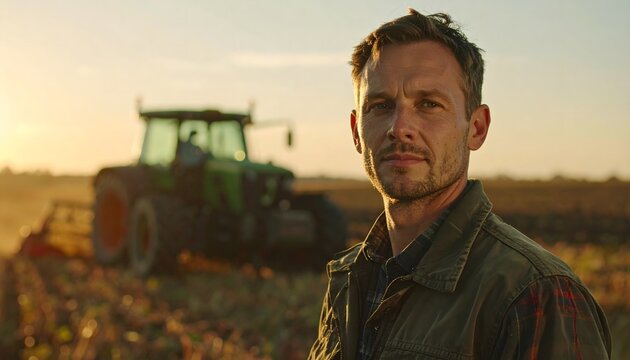 Agricultor experimentado en campo de cultivo con tractor al fondo durante el atardecer