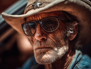 Elderly man with rugged facial features wearing a worn cowboy hat with star emblem and dark sunglasses outdoors with blurred background and intense expression