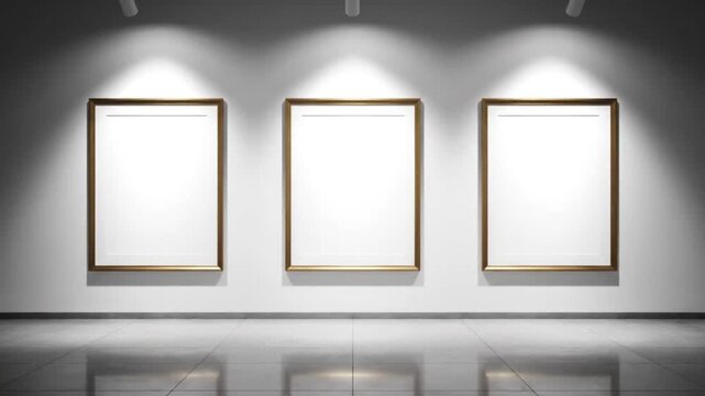 Three blank picture frames on gallery wall with spotlights